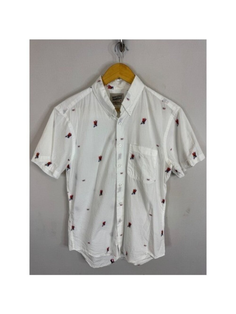 Naked & Famous White Superhero American Flag Embroidered Short Sleeve Shirt S/M